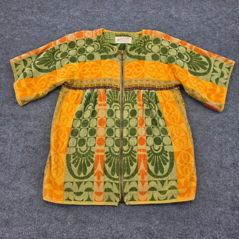 Vintage Royal Terry International Japan Cotton Zip Front Robe Orange Green 70s